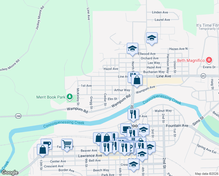 map of restaurants, bars, coffee shops, grocery stores, and more near 633 1st Ave in Ellwood City