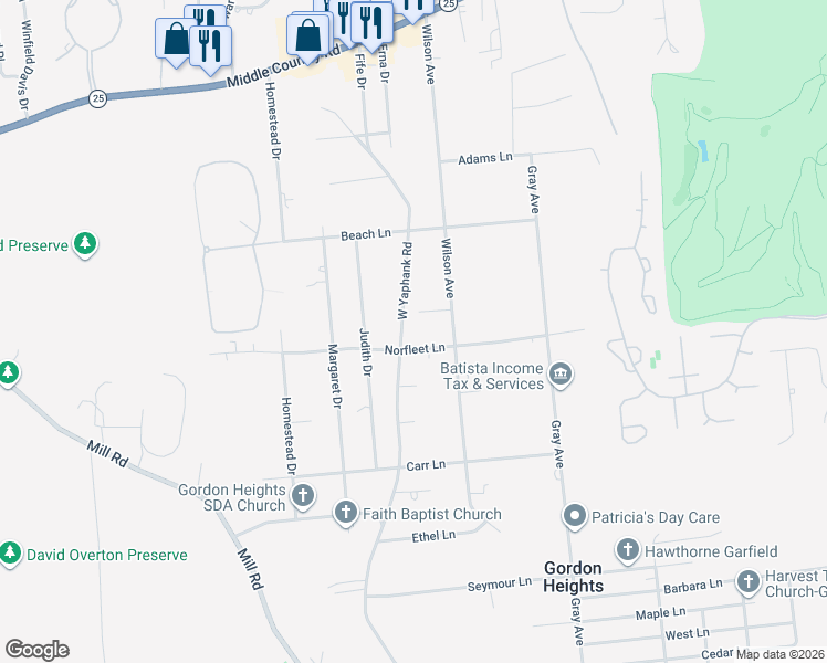 map of restaurants, bars, coffee shops, grocery stores, and more near 121 West Yaphank Road in Coram