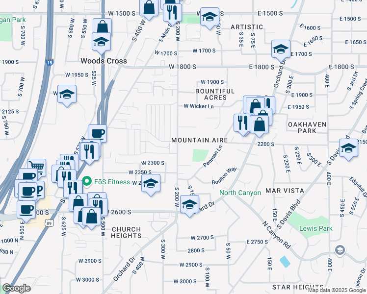 map of restaurants, bars, coffee shops, grocery stores, and more near 159 West 2200 South in Bountiful