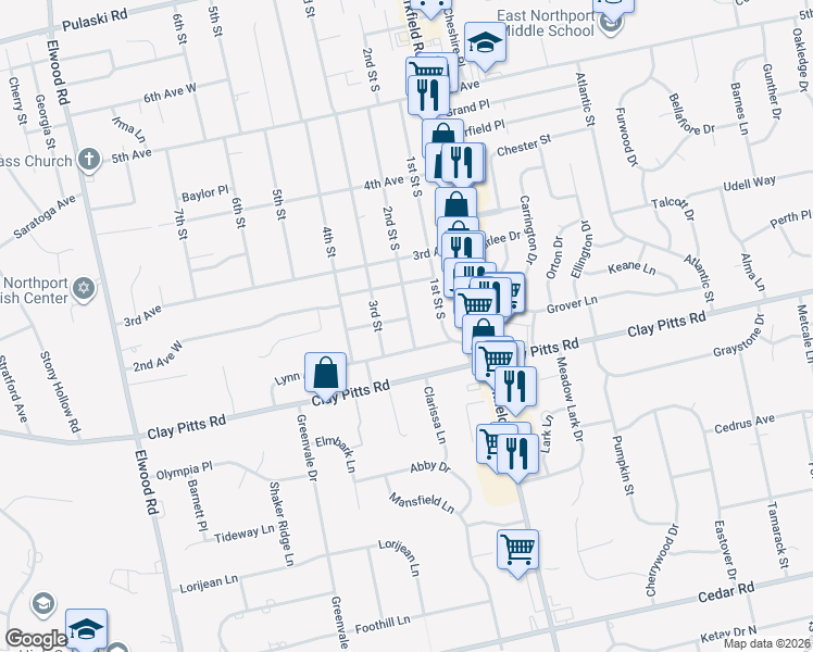 map of restaurants, bars, coffee shops, grocery stores, and more near 205 1st Avenue in East Northport