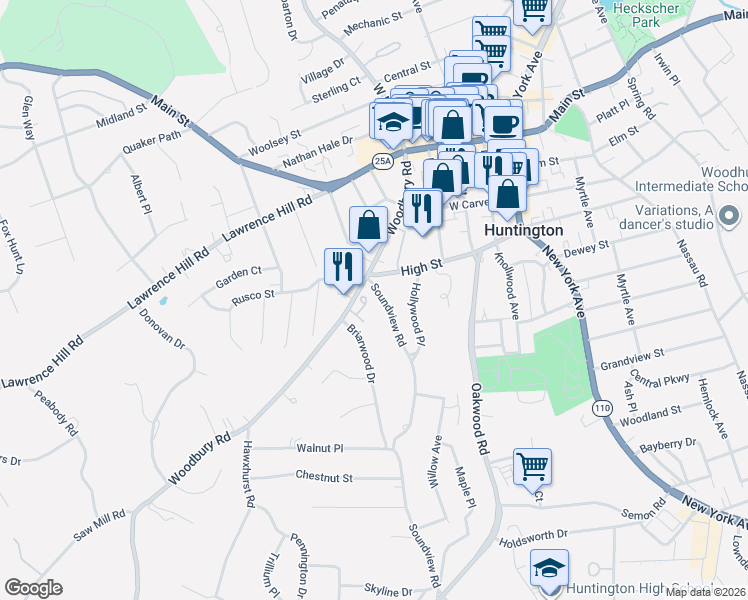 map of restaurants, bars, coffee shops, grocery stores, and more near 2 Insbrook Court in Huntington