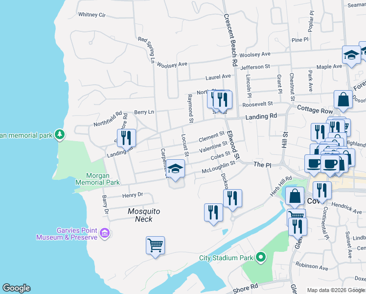 map of restaurants, bars, coffee shops, grocery stores, and more near 15 Locust Street in Glen Cove