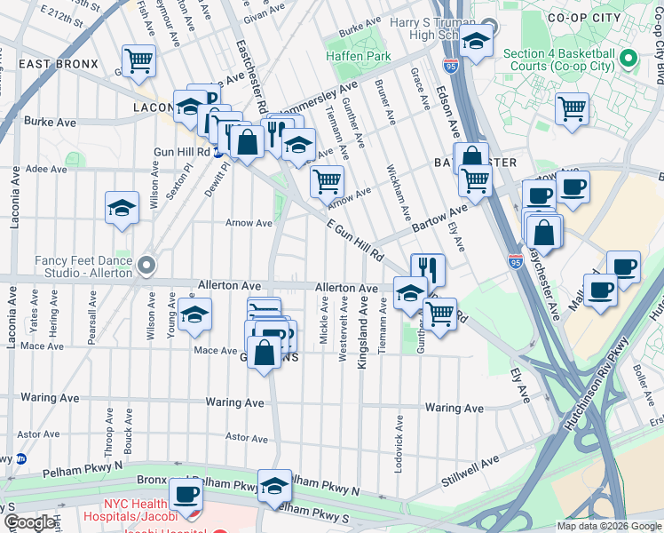 map of restaurants, bars, coffee shops, grocery stores, and more near 2726 Mickle Avenue in The Bronx
