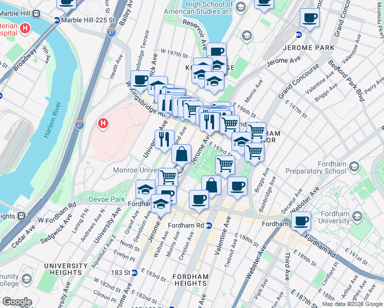 map of restaurants, bars, coffee shops, grocery stores, and more near 2601 Jerome Avenue in Bronx