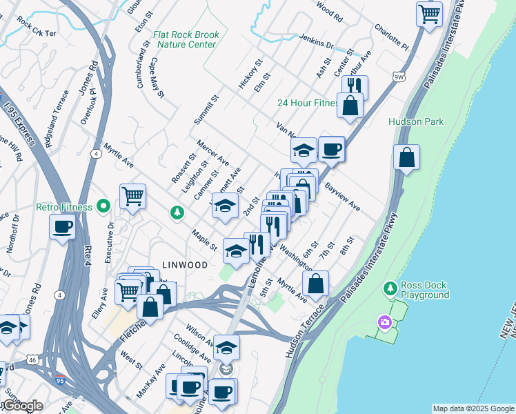 map of restaurants, bars, coffee shops, grocery stores, and more near in Fort Lee