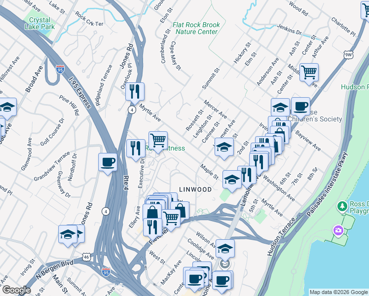 map of restaurants, bars, coffee shops, grocery stores, and more near 485 Westview Place in Fort Lee