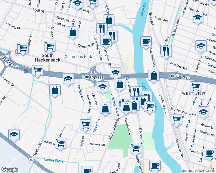 map of restaurants, bars, coffee shops, grocery stores, and more near 394 Washington Avenue in Hackensack