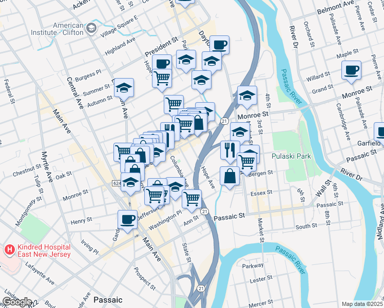 map of restaurants, bars, coffee shops, grocery stores, and more near 38 Vreeland Avenue in Passaic