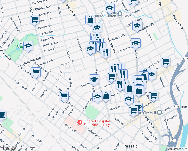 map of restaurants, bars, coffee shops, grocery stores, and more near 135 Myrtle Avenue in Passaic