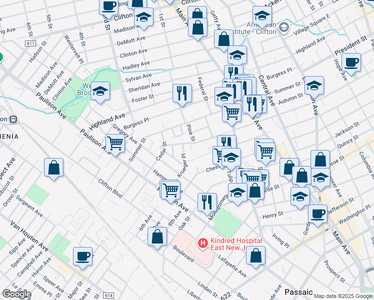 map of restaurants, bars, coffee shops, grocery stores, and more near 555 McKinley Street in Passaic