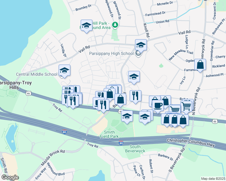 map of restaurants, bars, coffee shops, grocery stores, and more near 200 Baldwin Road in Parsippany-Troy Hills