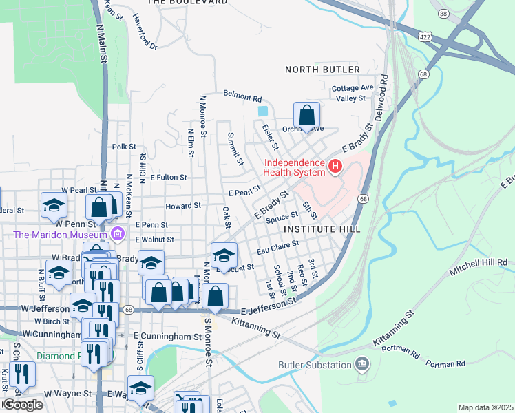 map of restaurants, bars, coffee shops, grocery stores, and more near 712 East Brady Street in Butler