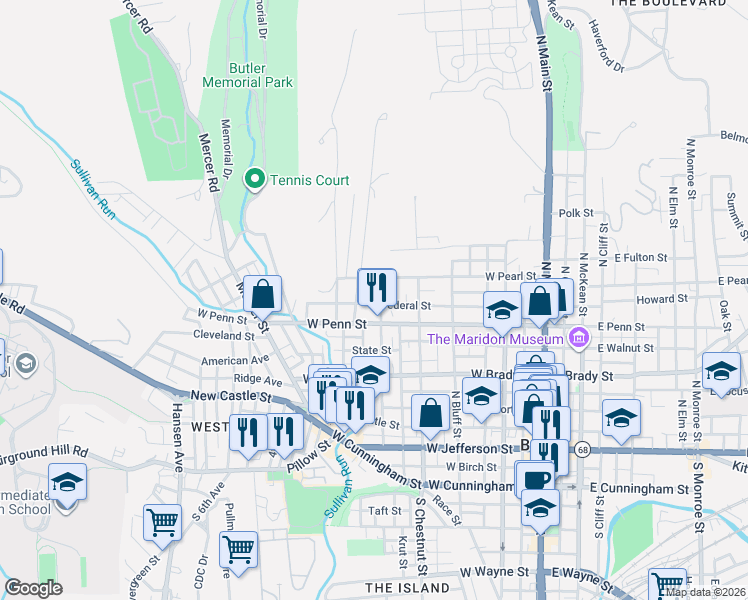 map of restaurants, bars, coffee shops, grocery stores, and more near 438 Federal Street in Butler