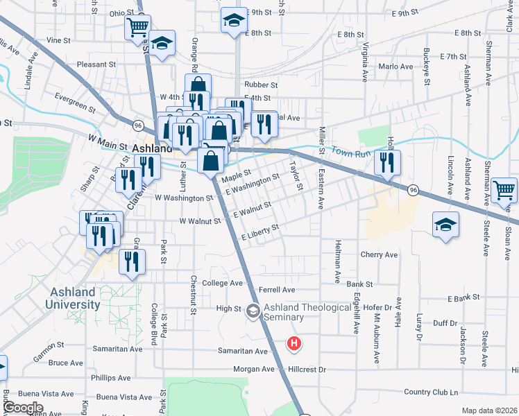 map of restaurants, bars, coffee shops, grocery stores, and more near 145 East Walnut Street in Ashland