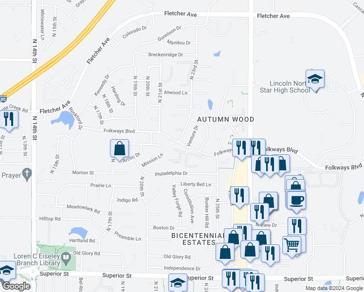map of restaurants, bars, coffee shops, grocery stores, and more near 2210 Marigold Circle in Lincoln