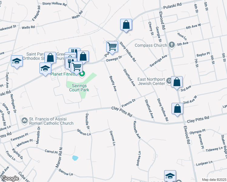 map of restaurants, bars, coffee shops, grocery stores, and more near 15 Beatty Avenue in Greenlawn