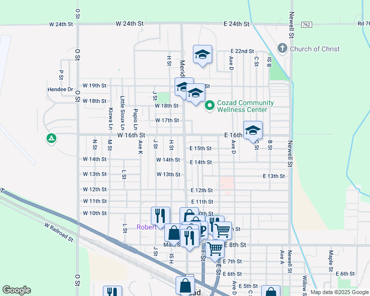 map of restaurants, bars, coffee shops, grocery stores, and more near 100 East 15th Street in Cozad