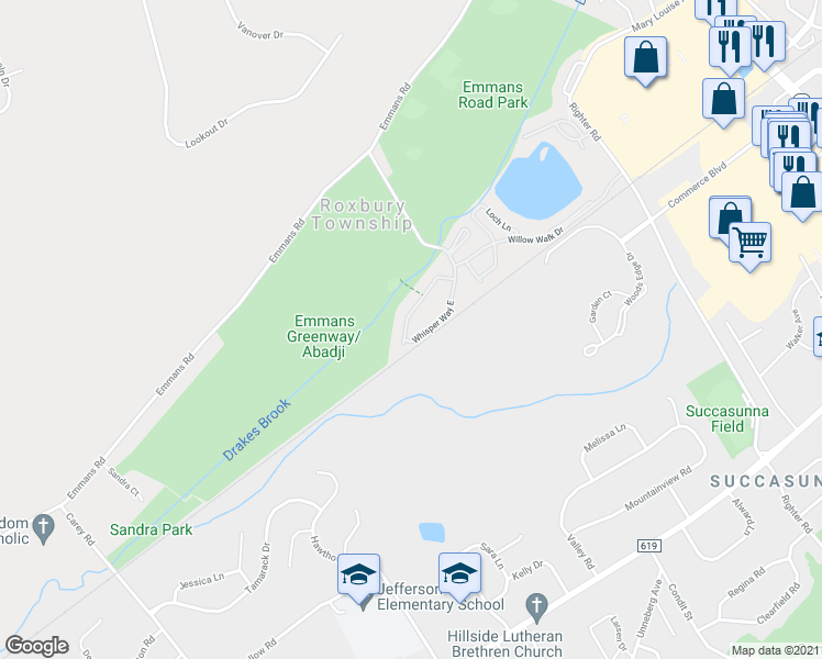 map of restaurants, bars, coffee shops, grocery stores, and more near 39 Whisper Way East in Roxbury Township
