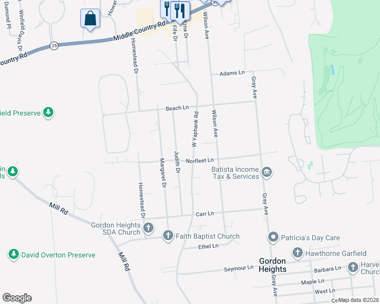 map of restaurants, bars, coffee shops, grocery stores, and more near 121 West Yaphank Road in Coram