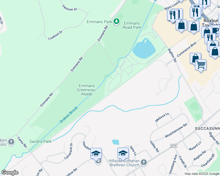 map of restaurants, bars, coffee shops, grocery stores, and more near 39 Whisper Way East in Roxbury Township