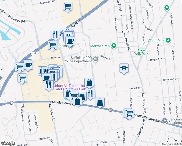 map of restaurants, bars, coffee shops, grocery stores, and more near 132 Hallock Road in Lake Grove
