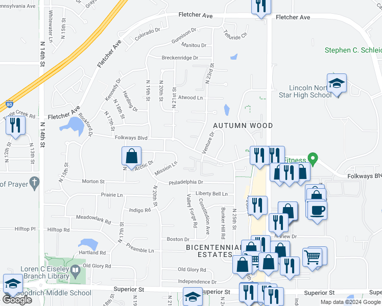 map of restaurants, bars, coffee shops, grocery stores, and more near 2210 Marigold Cir in Lincoln