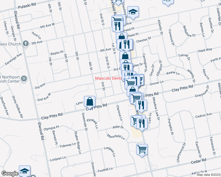 map of restaurants, bars, coffee shops, grocery stores, and more near 205 1st Avenue in East Northport