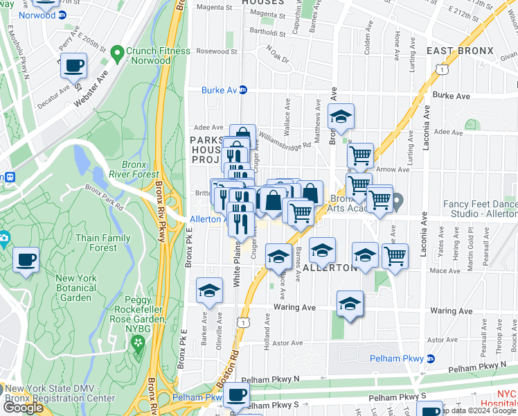 map of restaurants, bars, coffee shops, grocery stores, and more near 2710 Cruger Avenue in The Bronx