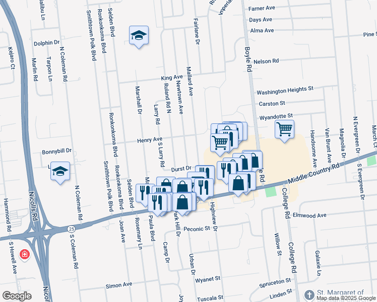 map of restaurants, bars, coffee shops, grocery stores, and more near 49 Newtown Avenue in Selden