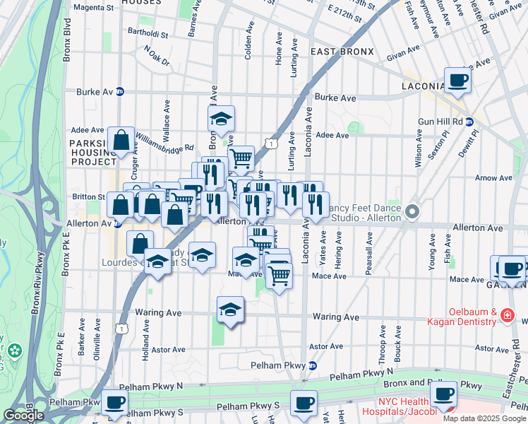 map of restaurants, bars, coffee shops, grocery stores, and more near 2710 Paulding Avenue in Bronx