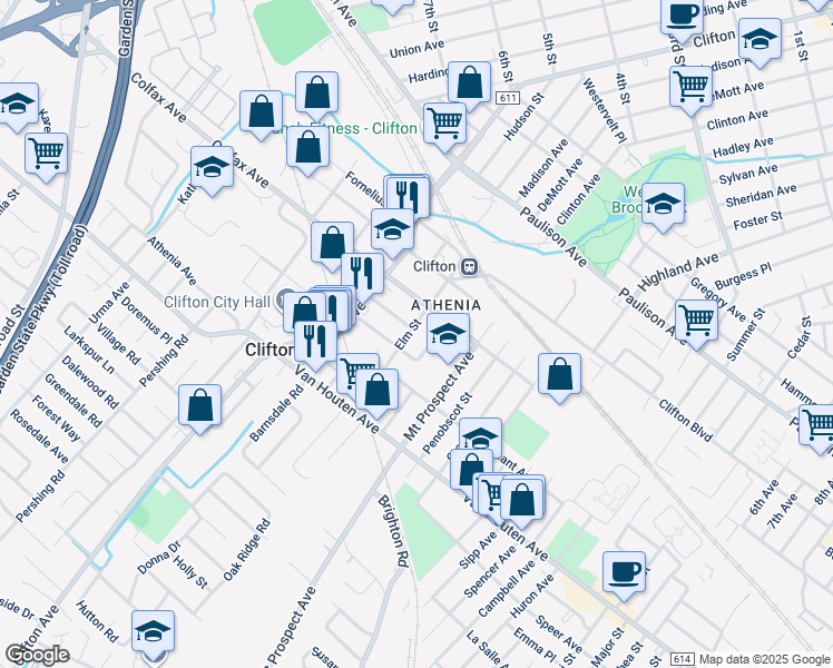 map of restaurants, bars, coffee shops, grocery stores, and more near 71 Elm Street in Clifton