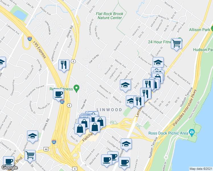 map of restaurants, bars, coffee shops, grocery stores, and more near 485 Westview Place in Fort Lee