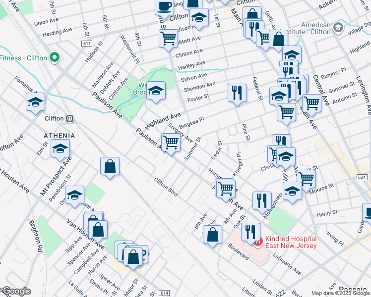 map of restaurants, bars, coffee shops, grocery stores, and more near 50 Hammond Avenue in Clifton