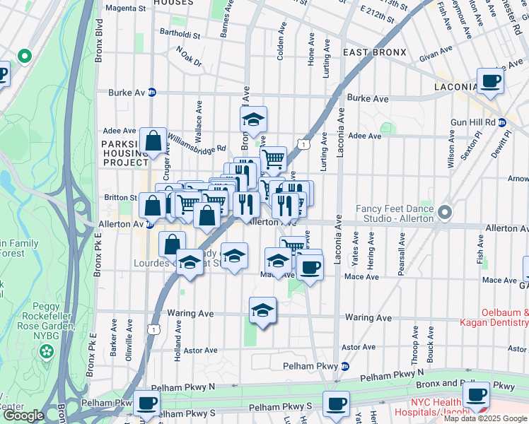 map of restaurants, bars, coffee shops, grocery stores, and more near 2709 Williamsbridge Road in The Bronx