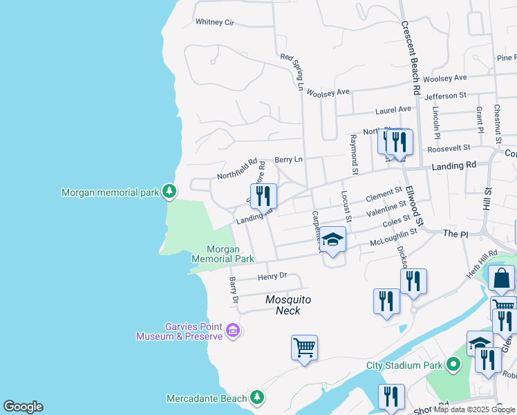 map of restaurants, bars, coffee shops, grocery stores, and more near 8 Southfield Road in Glen Cove