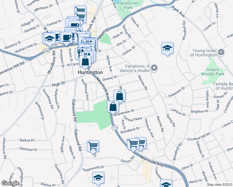 map of restaurants, bars, coffee shops, grocery stores, and more near 23 Oakland Street in Huntington