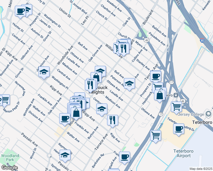 map of restaurants, bars, coffee shops, grocery stores, and more near 215 Lasalle Avenue in Hasbrouck Heights