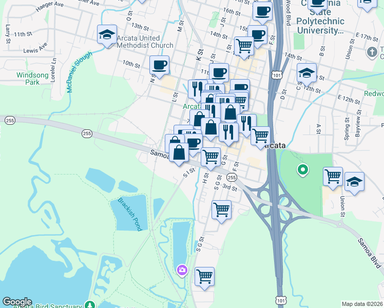 map of restaurants, bars, coffee shops, grocery stores, and more near 885 5th Street in Arcata