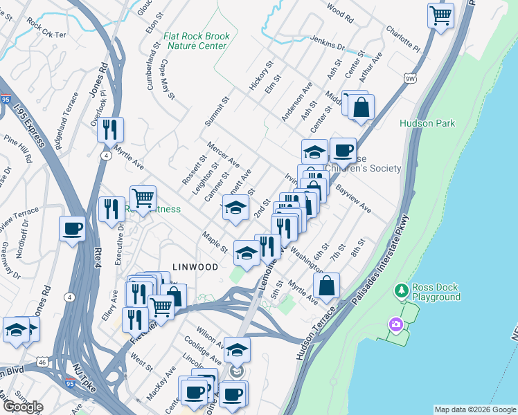 map of restaurants, bars, coffee shops, grocery stores, and more near 2453 2nd Street in Fort Lee