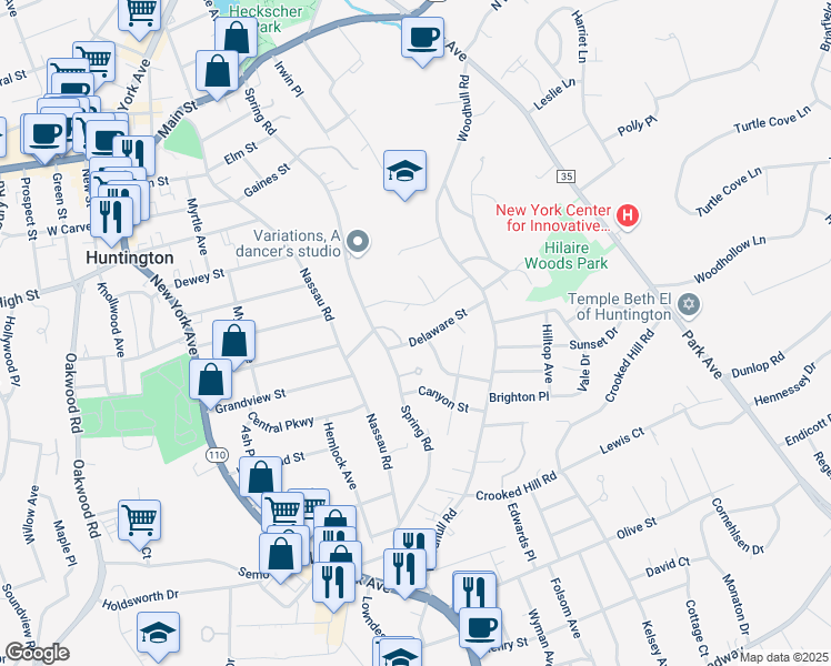 map of restaurants, bars, coffee shops, grocery stores, and more near 17 Delaware Street in Huntington
