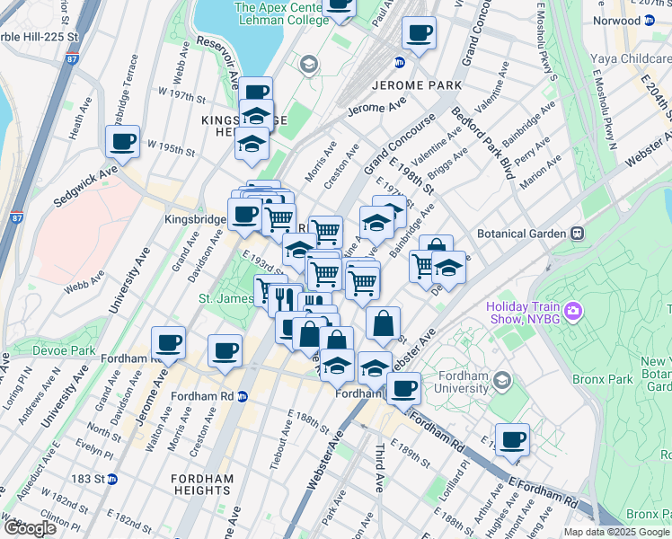 map of restaurants, bars, coffee shops, grocery stores, and more near 2665 Valentine Avenue in Bronx