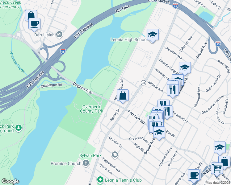 map of restaurants, bars, coffee shops, grocery stores, and more near 1 Willow Tree Rd in Leonia