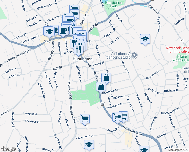 map of restaurants, bars, coffee shops, grocery stores, and more near 487 New York Avenue in Huntington
