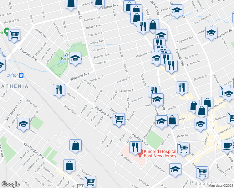 map of restaurants, bars, coffee shops, grocery stores, and more near 579 McKinley Street in Passaic