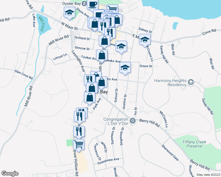 map of restaurants, bars, coffee shops, grocery stores, and more near 103 Kellogg Street in Oyster Bay