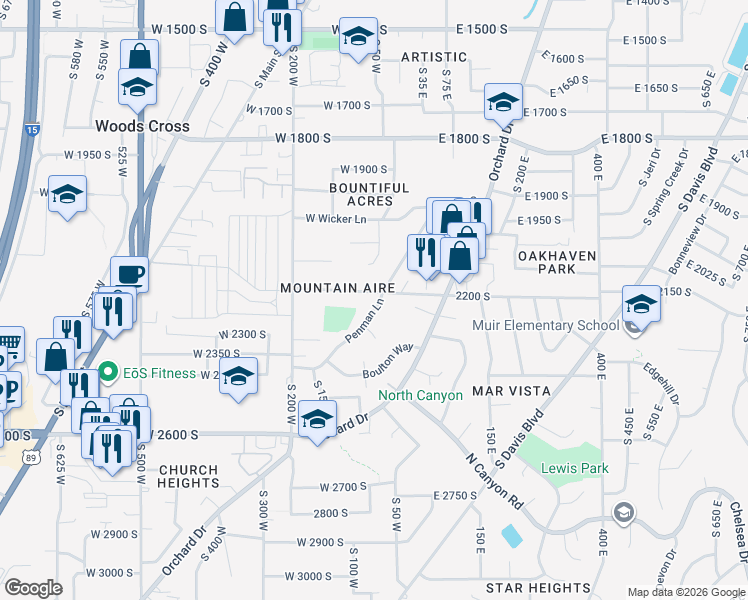 map of restaurants, bars, coffee shops, grocery stores, and more near 2218 Penman Lane in Bountiful