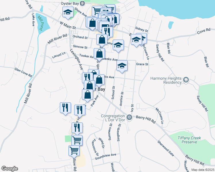 map of restaurants, bars, coffee shops, grocery stores, and more near 103 Kellogg Street in Oyster Bay