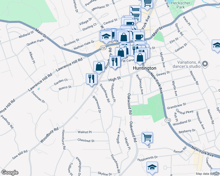 map of restaurants, bars, coffee shops, grocery stores, and more near 29 Hollywood Place in Huntington