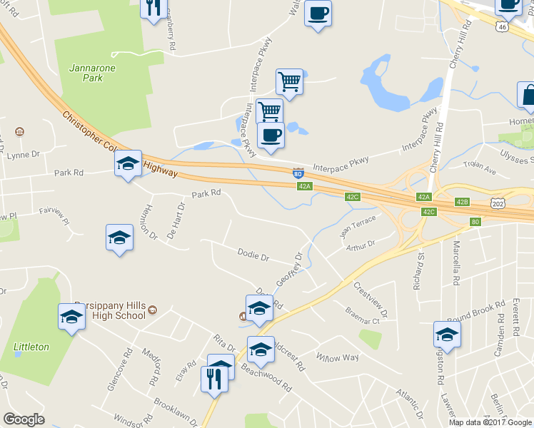 map of restaurants, bars, coffee shops, grocery stores, and more near 170 Park Road in Parsippany-Troy Hills
