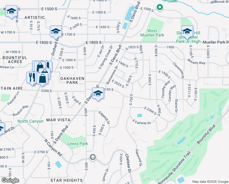 map of restaurants, bars, coffee shops, grocery stores, and more near 626 East 2150 South in Bountiful